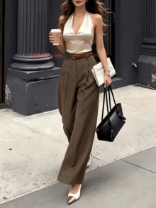 Women's Solid Color Pleated Casual Versatile Daily Wear Long Pants - Brown - View 4