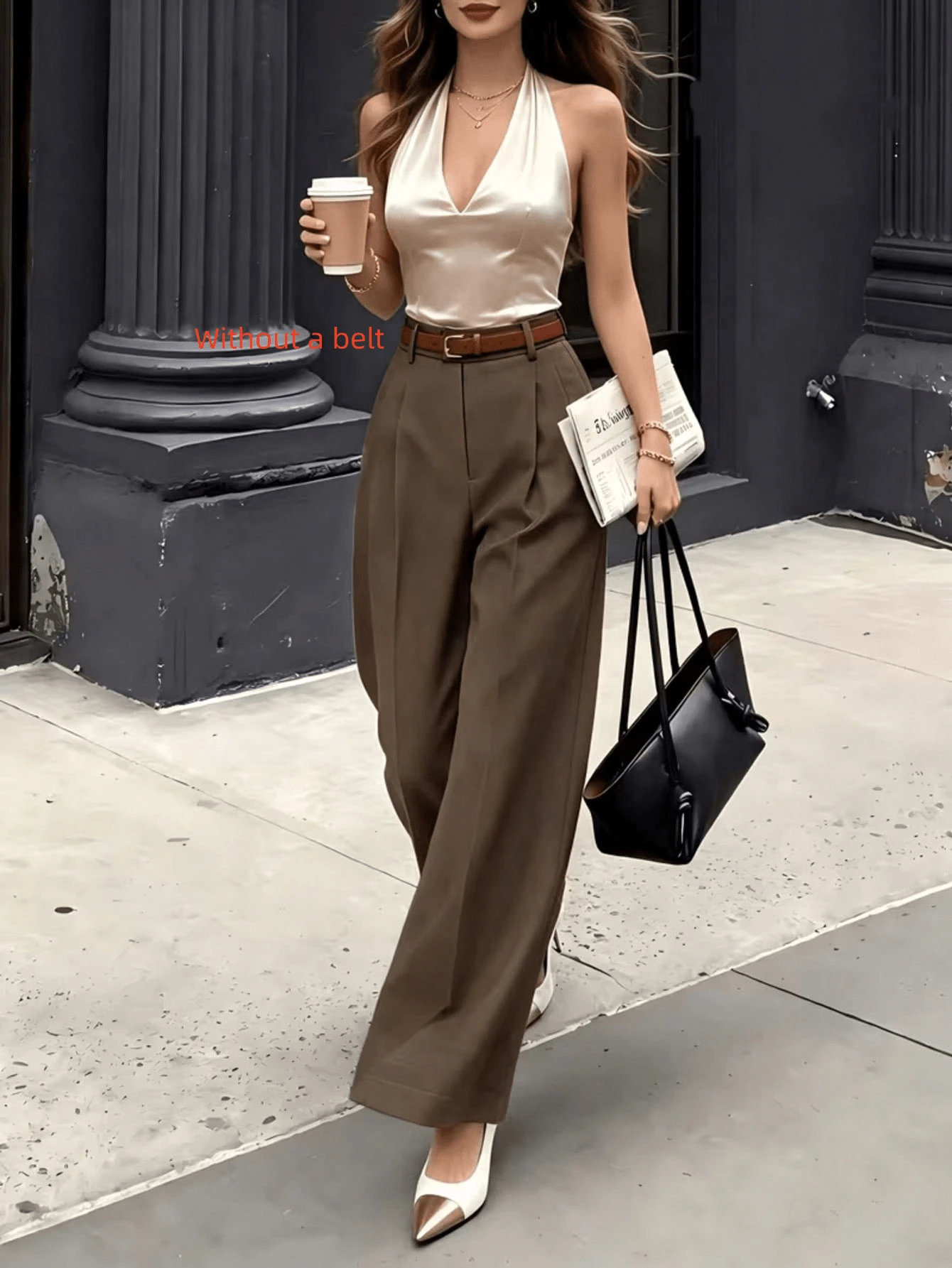 Women's Solid Color Pleated Casual Versatile Daily Wear Long Pants - Brown - View 1