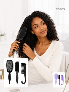 Curly Hair Smoothing & Styling Brush Set, Vented Curl Defining Brush, Wide Tooth Hook Comb & Pointed Tail Styling Brush For Curly Wavy Coily Hair, Sectioning, Shaping, Daily Hair Styling, Home Travel Use, Multi-Color Options - Multicolor - View 4