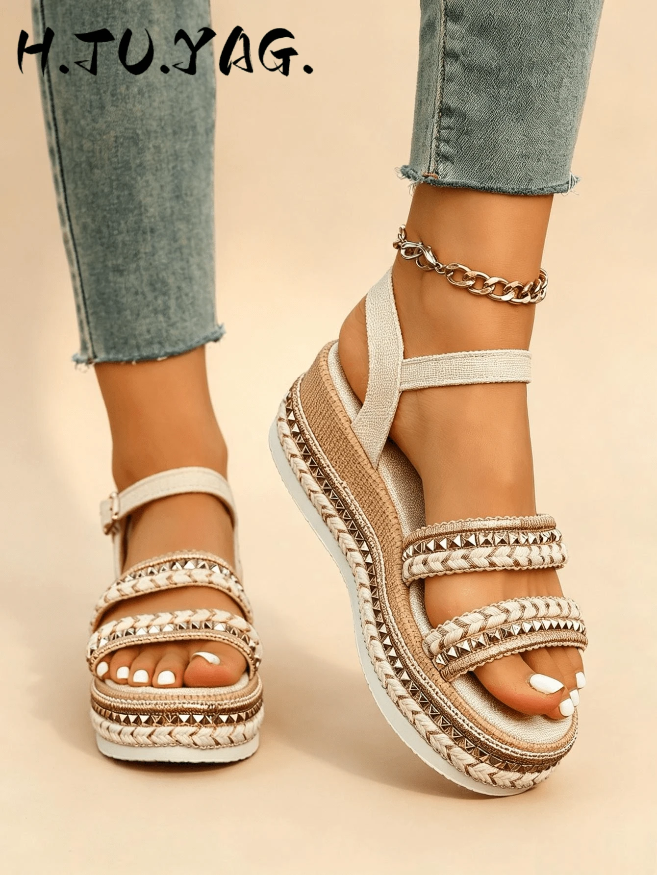 Summer Fashion Women's Wedge Sandals, Bohemian Style Rivet Open Toe Design With Ankle Strap, Breathable Comfortable Casual Elegant Flat Shoes