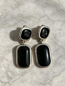 1 Pair Vintage Old Money Style Fashion High-End New Geometric Black Agate Dangle Earrings Ear Clips Women's Fashion Jewelry Accessory - Old Money Style Black Onyx Clip-on Earrings - View 10