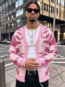 ANDREILEE Men's American Vintage Fashion Casual Street Style Colorblock Pattern Button-Up Cardigan V-Neck Long Sleeve Loose Ribbed Knit Sweater Jacket Autumn/Winter - Pink - View 1