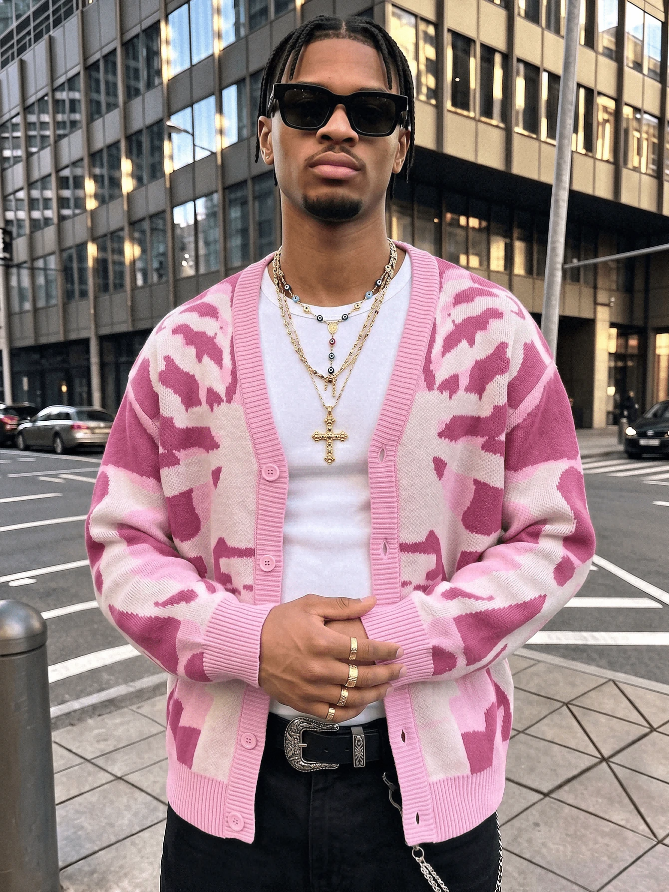 ANDREILEE Men's American Vintage Fashion Casual Street Style Colorblock Pattern Button-Up Cardigan V-Neck Long Sleeve Loose Ribbed Knit Sweater Jacket Autumn/Winter - Pink - View 1