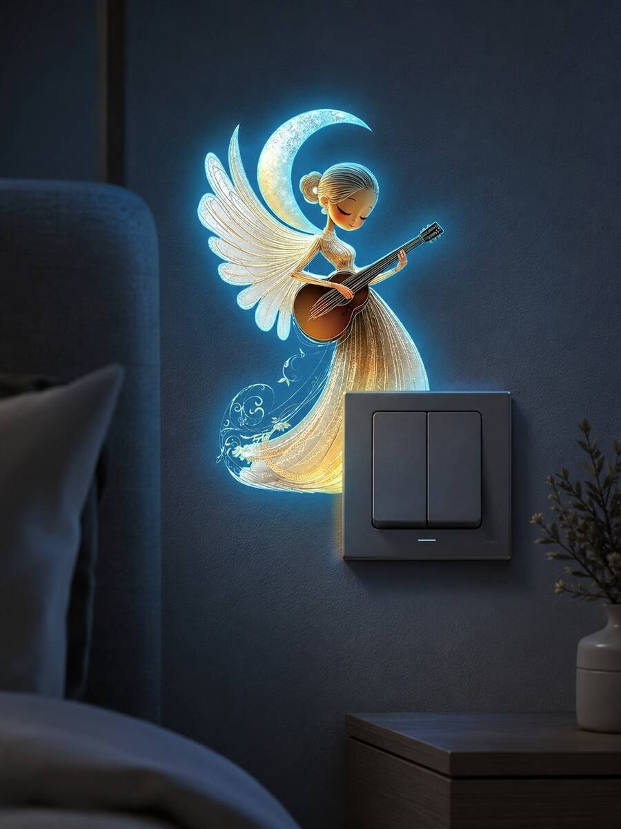 1PC Glow-In-The-Dark Fairy Tale Fairy Night Light Sticker, Blue Light Violinist Playing Serenade, Self-Adhesive Decoration - Guitar - View 1