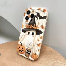 Halloween Cute Ghost & Pumpkin Phone Case, Wavy Pattern Full Coverage Anti-Drop Soft Shell Compatible With Apple 17 16 15 14 13 12 11 Pro Max - Multicolor - View 3