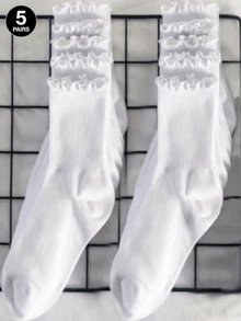 10 Pairs Women's Black & White Mixed Color Ruffle Edge Casual Versatile Mid-Calf Socks, Odor-Resistant, Sweat-Absorbent, Comfortable, Suitable For Students, Adults, Daily Wear, Gift - White - View 7
