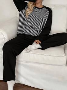Casual Women's Spring/Autumn Pajama Set, Raglan Round Neck Contrast Color Striped Print Long Sleeve Top And Long Pants, 2 Pieces Loungewear Set With Lazy And Cozy Vibe - Multicolor - View 2