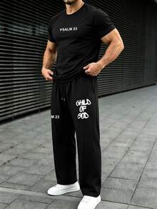 Men's Letter Print Crew Neck Short Sleeve T-Shirt And Loose Straight Leg Pants With Pockets Set - Black - View 5