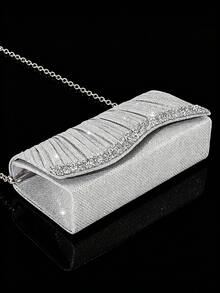 Women's Evening Clutch Bag With Rhinestones, Chain Shoulder Bag, Luxury Rhinestone Necklace, Earrings, Bracelet Jewelry Set, 4pcs - Silver - View 4