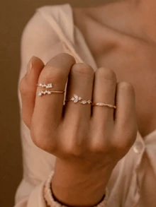 1 Set 3pcs Minimalist Silver/Rose Gold Open Ring Set | CZ Crystal Leaf & Twisted Rope Rings - Stackable Rings, Women & Girls Geometric Rings - Multicolor - View 3