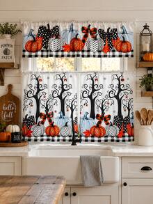 3pcs Halloween Kitchen Curtain Set, Spooky Tree Polka Dot Pumpkin Bow Buffalo Plaid Print Tier Panels And Valance For Rustic Farmhouse Window Decor - B - View 7