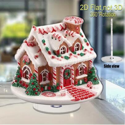 2D Flat Rotating Gingerbread House Figurine With Candy Cane And Christmas Tree - 360° Rotating Base, No Electricity Required, Indoor/Outdoor Holiday Decor, Suitable For Christmas, Halloween, Home And Office - Collectible Gift For Home Decoration