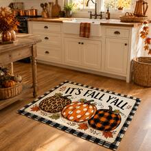 1pc Autumn Pumpkin Print Faux Cashmere Doormat, "Fall Y'all" Autumn Slogan, Three Pumpkins & Black And White Plaid Pattern Rug, Rustic Farmhouse Style Autumn Harvest Home Decor, Suitable For Entryway, Kitchen, Living Room, Bedroom - Multicolor - View 5