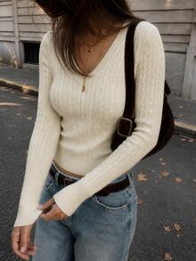 Women's Autumn/Winter Beige Cable Knit Sweater, V-Neck Long Sleeve Pullover, Slim Fit Ribbed Top, Soft Casual All-Match Versatile, Daily Wear - Beige - View 5