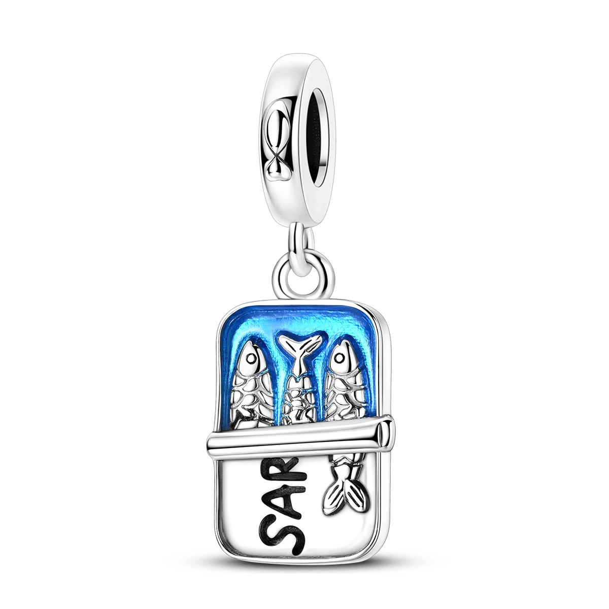 1件獨特銀藍色沙丁魚罐造型吊墜飾品，適用於蛇骨鏈手鍊、項鍊串珠，可用於DIY珠寶手工製作 - 銀色 - 查看 1