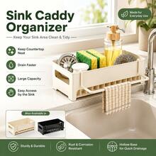 1pc Kitchen Sink Organizer With Towel Bar, Countertop Sponge Drainer Storage Rack For Dish Soap, Brushes And Scouring Pads, Fits Kitchen And Bathroom, Keeps Counter Neat, Great For Daily Use And Christmas Home Arrangement - Multicolor - View 6