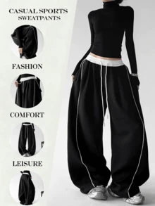 Women's New Contrast Color Design Side Stripe Loose Drawstring Jogger Pants, Versatile Wide Leg Straight Leg Casual Pants For Daily Wear, Home, Vacation, Jogging, Dancing, Running, All Seasons - Starry Black - View 5