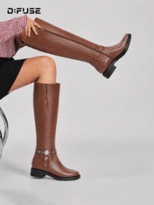 D:FUSE Women's Solid Color Round Toe Side Zipper Knee-High Low Chunky Heel Horse Riding Boots, Vintage Y2K Office Siren, Date, Commute, Comfortable Party, Brown Genuine Leather - Brown - View 8