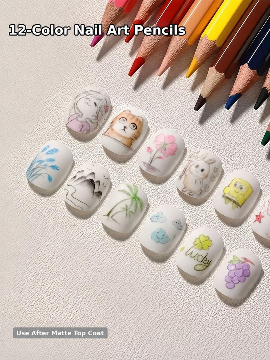 12pcs Colored Pencil Set For Nail Art, 12 Colors Hand-Drawn Pencils, Suitable For DIY Nail Painting, Floral Design And Nail Art Tools - Multicolor - View 1