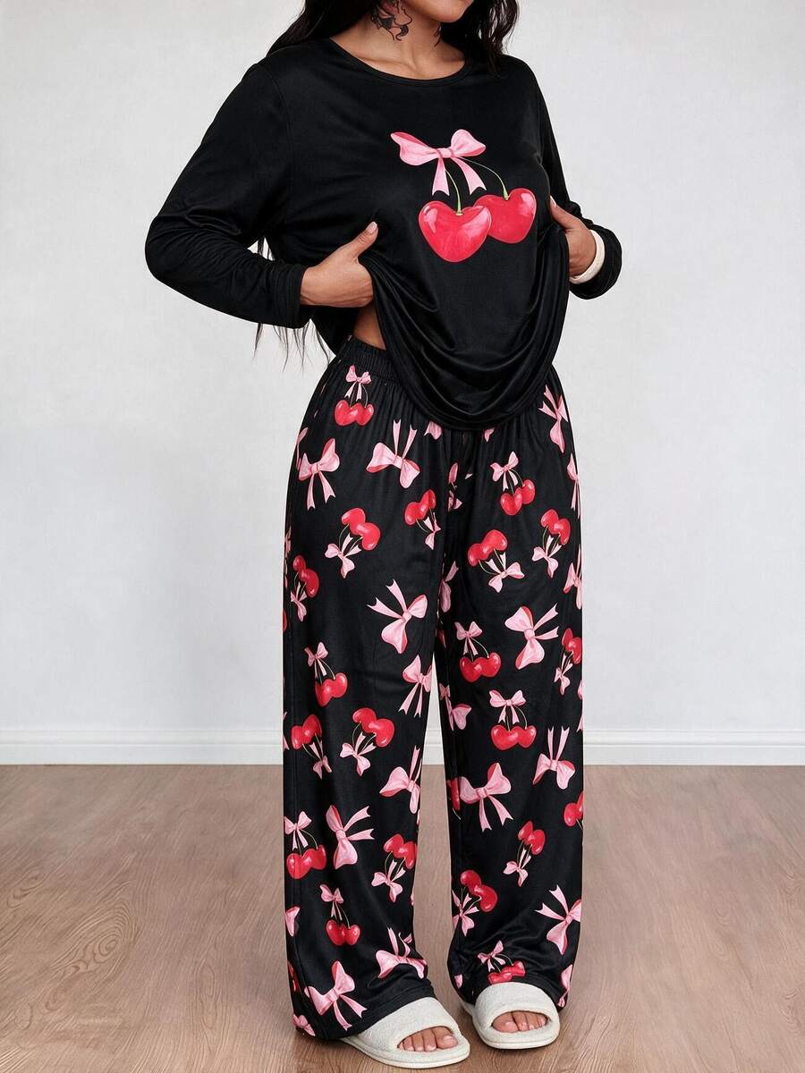 Women's Autumn/Winter Long Sleeve Long Pants Pajama Set, 2-Piece, Plus Size Loungewear Set - Black - View 1