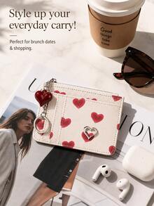Women's Cute Y2K Red Heart Print PU Leather Card Holder With Keychain, Heart Charm & Metal Detail, Zipper Mini Wallet - White - View 9