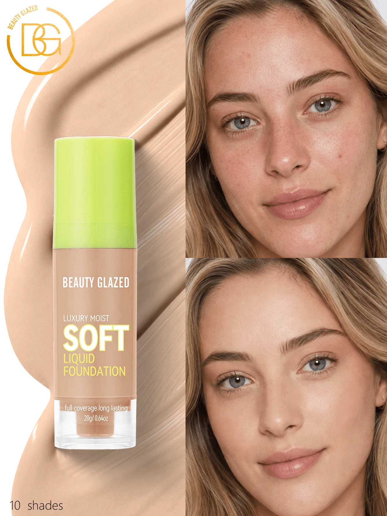 beauty glazed Foundation Cair: Daya Tutup Tinggi, Tahan Lama, Melembapkan, Mengontrol Minyak, dan Tahan Lama. Tersedia Berbagai Pilihan Warna, Cocok untuk Semua Jenis Kulit, Menciptakan Efek Riasan Dasar yang Sempurna - #104 - View 1