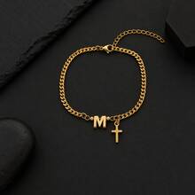 1pc New Classic Initial Cross Pendant Golden Stainless Steel Cuban Chain Bracelets For Men - Yellow Gold - View 3