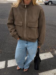 Women's Faux Suede Short Aviator Jacket, Ribbed Collar, Zipper Front, With Pockets - Army Green - View 6