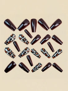 24pcs Vintage Burgundy Leopard Print Wearable Nail Stickers, Long Trapezoid Fake Nails, Glossy Finish, Autumn/Winter Nail Art - Burgundy - View 2