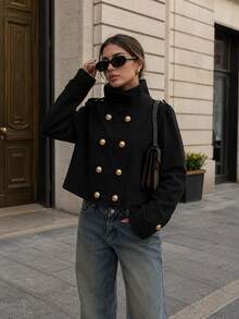Women's Double-Breasted Long Sleeve Coat, Regular Length, Suitable For Spring, Autumn, Winter, Youthful Women's Autumn Jacket - Black - View 3