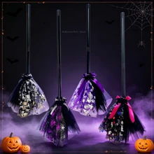 Halloween Witch Broom Decoration, Black & Purple Spider Web Ribbon Broom, Scary Halloween Party Prop, Home Decor - Multicolor - View 6