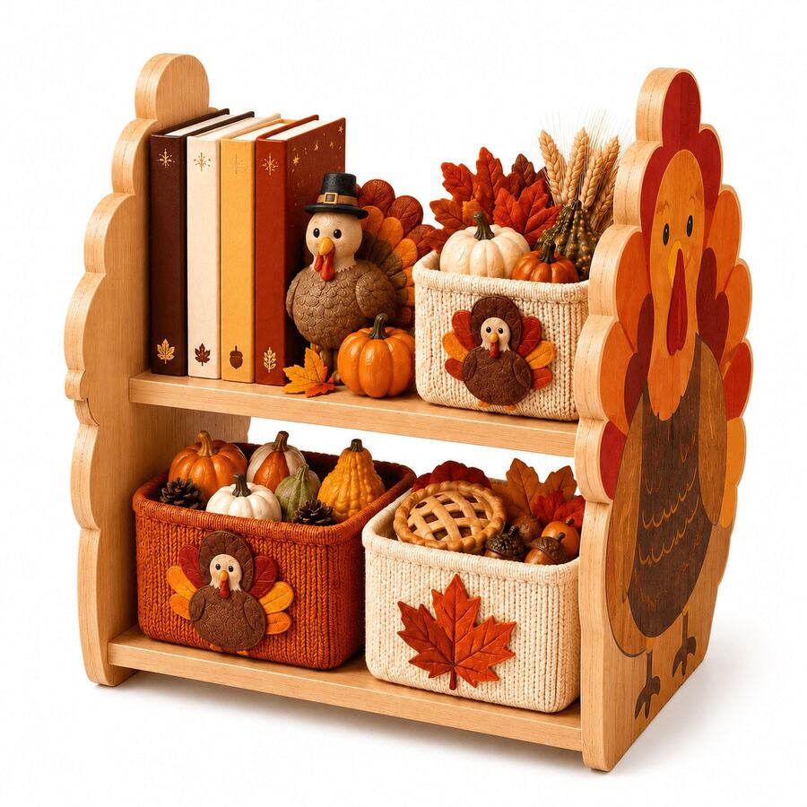 Thanksgiving Turkey Shaped Wooden Storage Rack, 2-Tier Desktop Organizer, Suitable For Books, Baskets, Pumpkins And Autumn Decorations, Home Autumn Holiday Decor Display Rack, Multi-Functional Storage Shelf - View 1