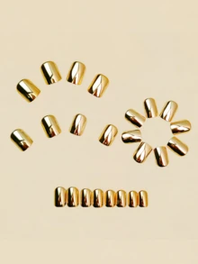 24 Pieces Of Gold-Plated Wearable Nail Covers, Short Square Fake Nails, Solid Color Manicures, Autumn And Winter Manicures Nail Art - Gold - View 3