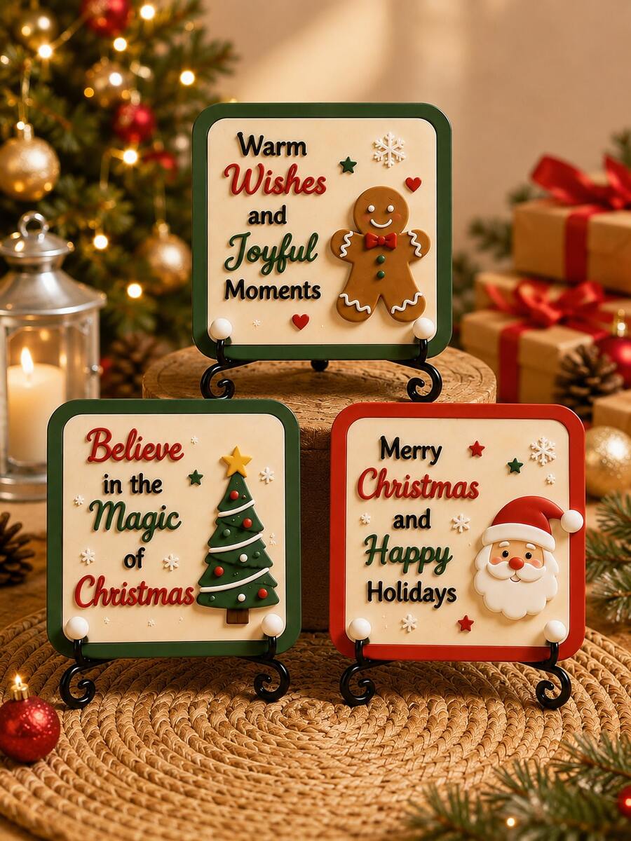 1件裝聖誕桌面裝飾牌組,附金屬底座,聖誕老人、薑餅人、聖誕樹造型牌附節日金句,鄉村風聖誕桌面裝飾,居家室內節日裝飾 - 聖誕咖啡標牌1 - 查看 1