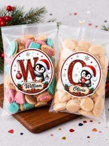 216-20pcs Personalized Christmas Name Round Stickers, Cute Penguin Initial Labels With Red Glitter Letters, Snowflakes And Santa Hats, Festive Gift Box Seals For Candy Bags, Cookie Packaging, Holiday Parties, Gift Exchanges And Christmas Decorations - Multicolor - View 5