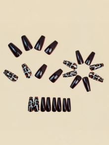 24pcs Vintage Burgundy Leopard Print Wearable Nail Stickers, Long Trapezoid Fake Nails, Glossy Finish, Autumn/Winter Nail Art - Burgundy - View 3