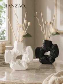 1pc Wabi‑Sabi Hollow Textured Vase, Irregular Rock‑Shape Reed Diffuser Bottle, Decorative Table Centerpiece For Dried Flowers, Living Room Bedroom Home Decor, 2 Colors - Hollow Cross Aromatherapy Bottle - View 5