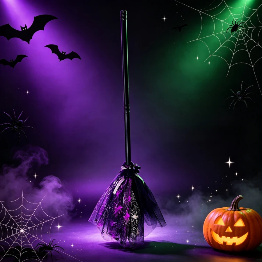 Halloween Witch Broom Decoration, Black & Purple Spider Web Ribbon Broom, Scary Halloween Party Prop, Home Decor