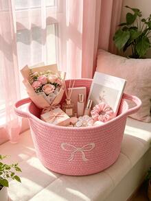 1pc Large Capacity Exquisite Bow Embroidery Pattern Storage Basket, Perfect For Storing Toys, Stationery, Perfume, Cosmetics, Gifts, Miscellaneous Items, Holiday Gift Packaging, Home Decor - Pink - View 1