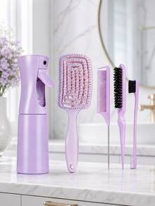 Hair Styling Tool Set (Includes Spray Bottle & Professional Combs): Includes Curling Comb, Styling Comb, Spray Bottle, Volumizing Comb, Hollow Breathable Comb, Tail Comb, And Dual-Head Styling Brush; Suitable For All Hair Types (Curly/Wavy/Straight), Ideal For Salon Use. - Multicolor - View 8