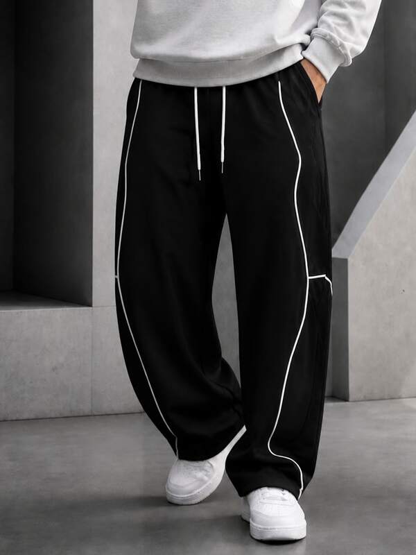 Krometka Men's Colorblock White Line Patchwork Wide Leg Pants, Drawstring Elastic Waist Loose Straight Leg American Techwear Casual Trousers