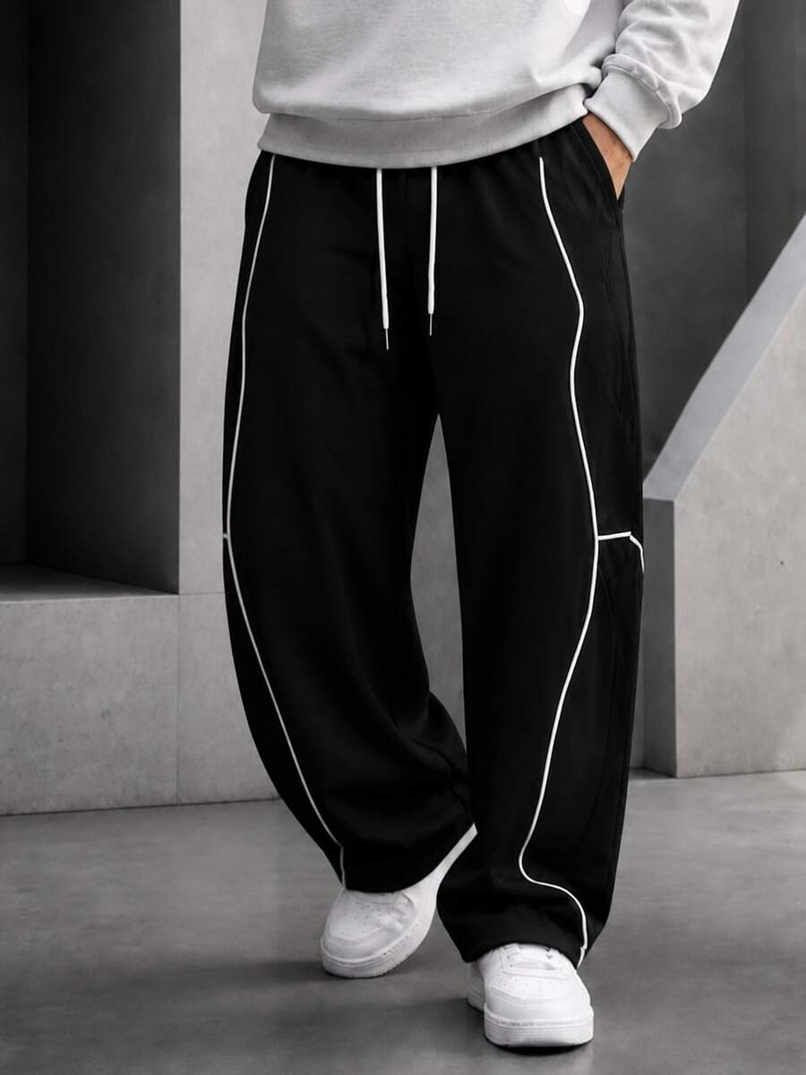 Krometka Men's Colorblock White Line Patchwork Wide Leg Pants, Drawstring Elastic Waist Loose Straight Leg American Techwear Casual Trousers - Black - View 1