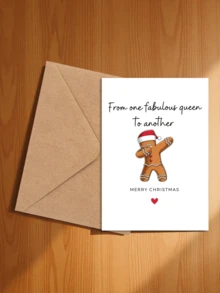 1pc Playful Gingerbread Man Christmas Card With Envelope, Printed Dancing Gingerbread Santa Hat Art, "From One Extraordinary Queen To Another Queen", Exclusive For Best Friends, Secret Christmas Gift Exchange, Blank Inside - A - View 4
