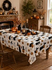 1pc Halloween Round Tablecloth, Cute Ghost Black Cat Pumpkin And Witch Hat Print Table Cover, Autumn Halloween Party Kitchen Dining Room Decoration - Multicolor - View 11