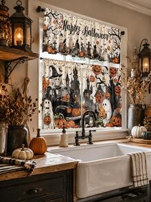 3pcs Happy Halloween Kitchen Curtain Set, Ghost Pumpkin Haunted Castle Truck Graveyard Print Tier Panels With Valance For Spooky Farmhouse Window Decor - E - View 7