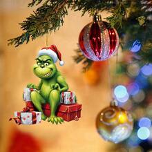 Panini Grinch Sitting On Gift Box Acrylic Christmas Ornament, Flat Character Pendant With Hanging Rope, Suitable For Christmas Tree, Home And Car Interior Decoration - Random Styles - View 2