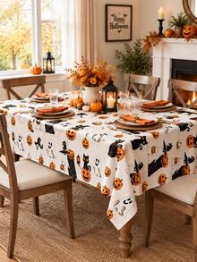 1pc Halloween Round Tablecloth, Cute Ghost Black Cat Pumpkin And Witch Hat Print Table Cover, Autumn Halloween Party Kitchen Dining Room Decoration - Multicolor - View 7