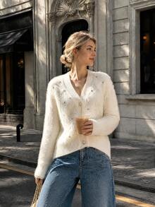 Autumn/Winter Elegant Fashion Rhinestone Decor Faux Fur Cardigan - White - View 2