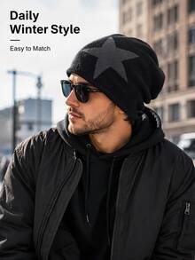 1pc Men's Star Jacquard Knit Beanie With Warm Lining - Multicolor - View 5