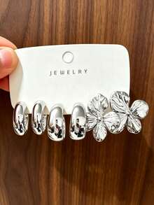 4/6/16PCS Fashionable Elegant Floral Geometric Multi-Element Silver Metallic Earring Set, Women's Fashion Earring Set, Suitable For Daily Wear, (Lightweight CCB Material, Non-Fading) Suitable For Various Occasions. - Silver - View 5